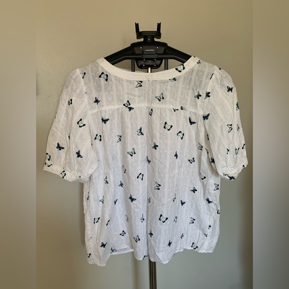 Tops - Jane and Blanchy Women's White Blue Cotton Butterfly Embroidered Top L